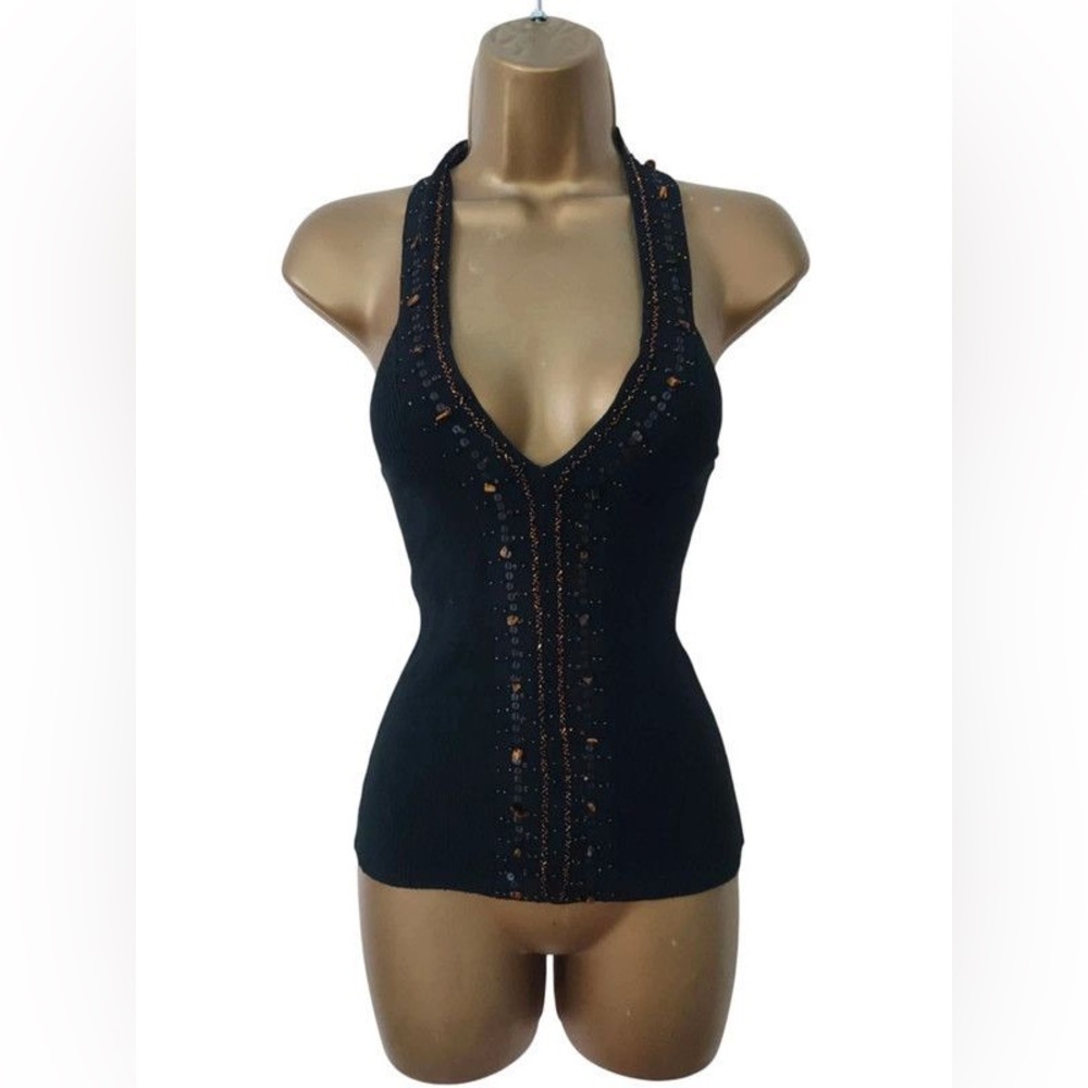 ◾️Vintage Y2K Papaya Halter Neck Embellished Ribbed V Neck Top